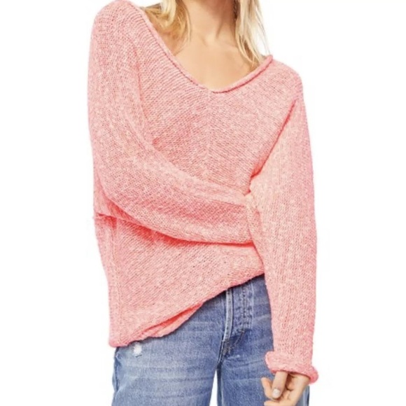 FREE PEOPLE Small Neon Flamingo Bright Lights Slouchy Pullover Sweater NEW. 84 - Picture 1 of 5